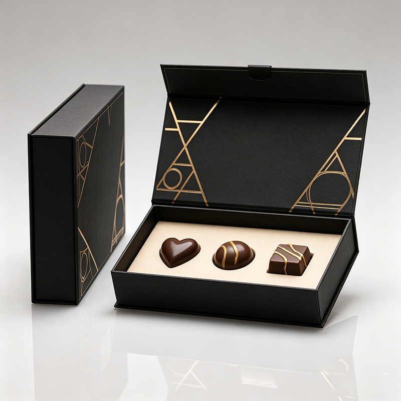 Luxury Chocolate Magnetic Gift Box Rigid Paper Packaging Custom Black Gold Design For Premium Chocolate Gifts